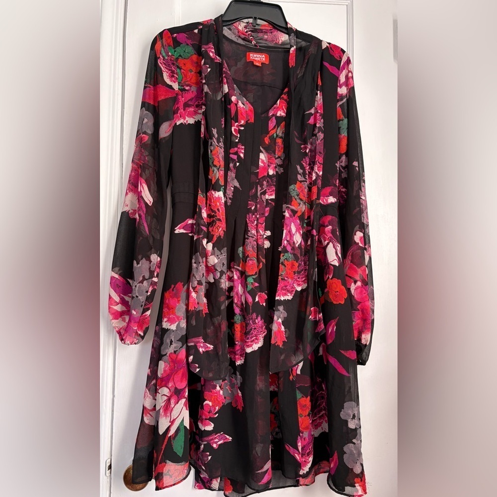 Kirna Zabete Black Sheer Floral Long Sleeve V -Neck Layered Dress, Sz: Medium